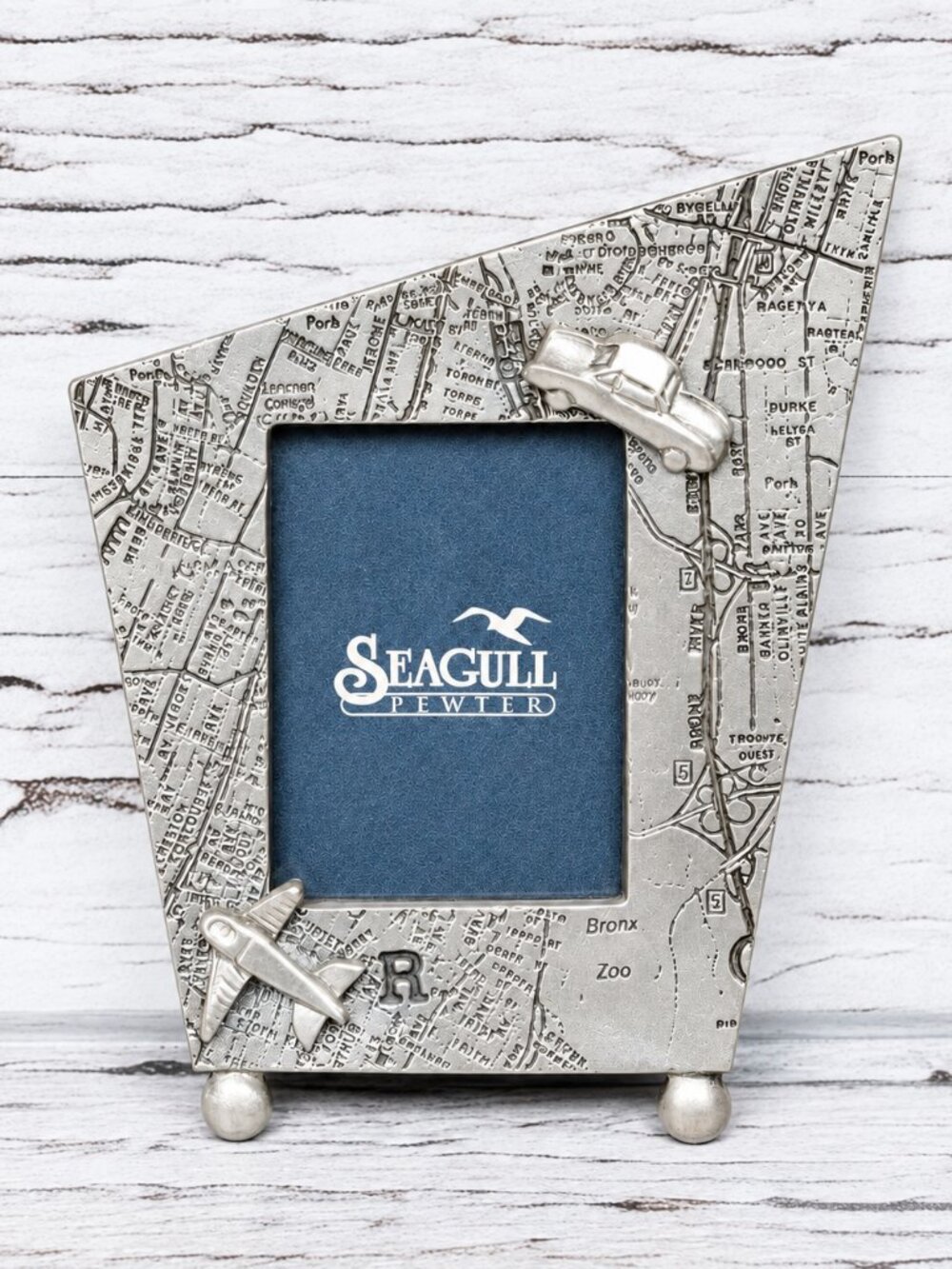 Seagull Pewter Picture Frame Travel Map, Vintage 1996 Car Road and Plane Trip